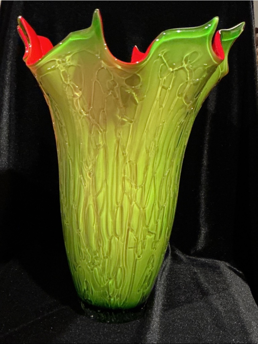Vibrant Green Art Glass Vase with Red Interior